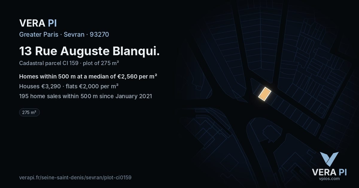 13 Rue Auguste Blanqui, Sevran at night – the plot lit, the parcels around coloured by the prices near them