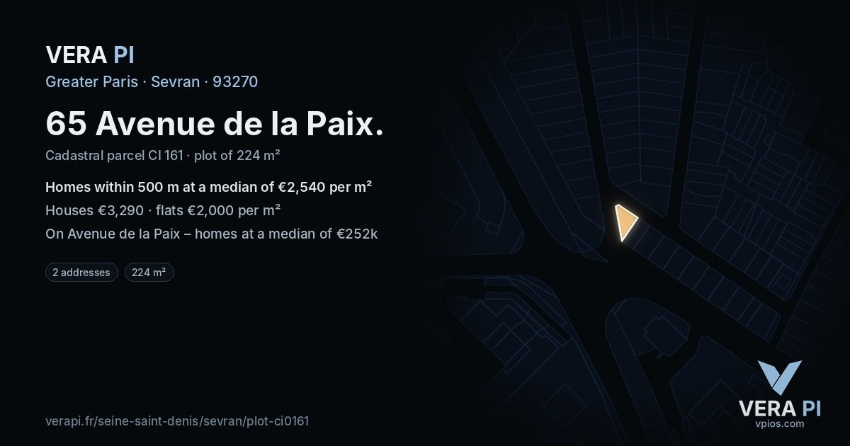 65 Avenue de la Paix, Sevran at night – the plot lit, the parcels around coloured by the prices near them