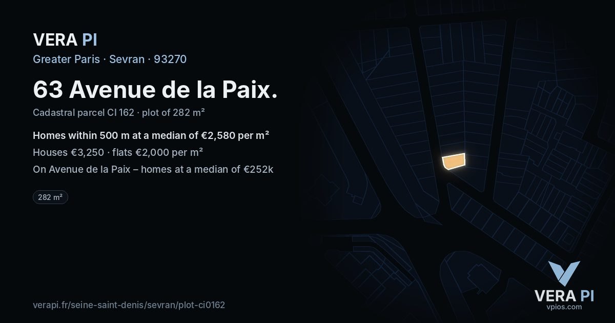 63 Avenue de la Paix, Sevran at night – the plot lit, the parcels around coloured by the prices near them