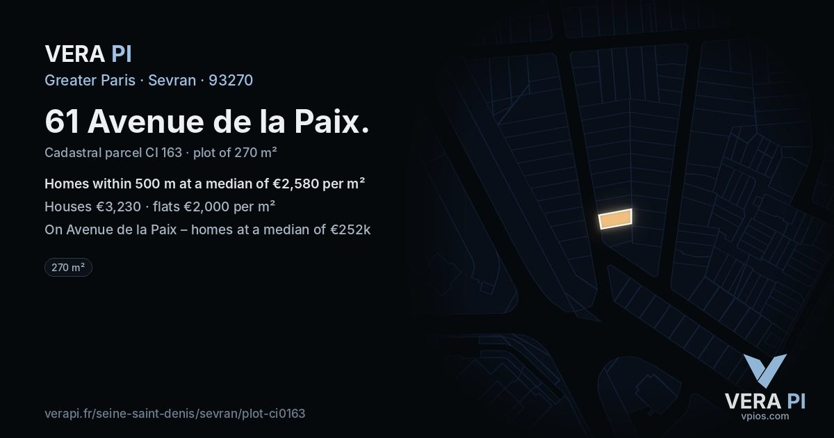 61 Avenue de la Paix, Sevran at night – the plot lit, the parcels around coloured by the prices near them