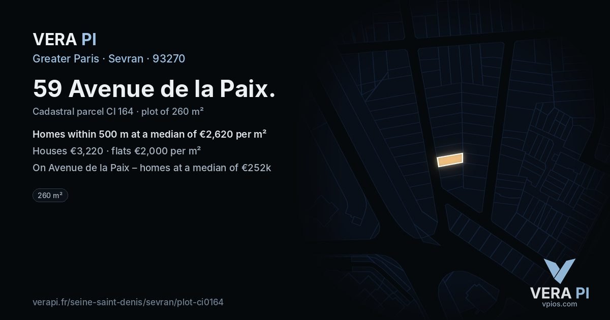 59 Avenue de la Paix, Sevran at night – the plot lit, the parcels around coloured by the prices near them