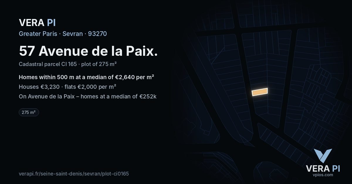 57 Avenue de la Paix, Sevran at night – the plot lit, the parcels around coloured by the prices near them