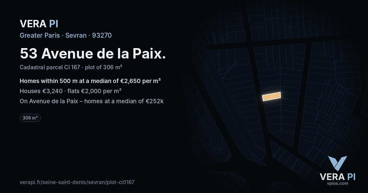 53 Avenue de la Paix, Sevran at night – the plot lit, the parcels around coloured by the prices near them