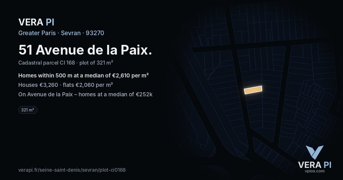 51 Avenue de la Paix, Sevran at night – the plot lit, the parcels around coloured by the prices near them