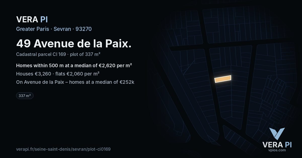 49 Avenue de la Paix, Sevran at night – the plot lit, the parcels around coloured by the prices near them