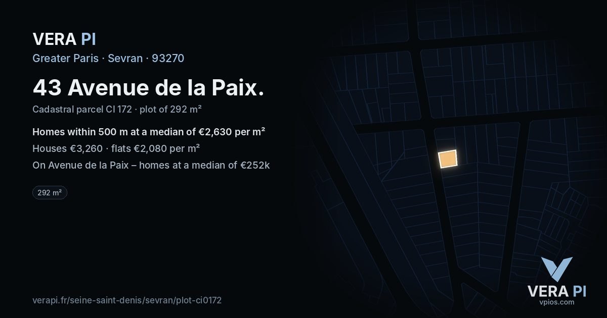 43 Avenue de la Paix, Sevran at night – the plot lit, the parcels around coloured by the prices near them