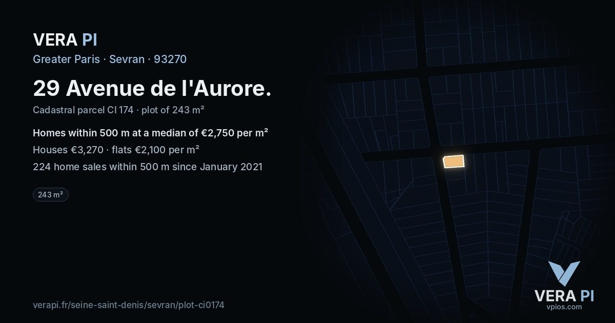 29 Avenue de l'Aurore, Sevran at night – the plot lit, the parcels around coloured by the prices near them