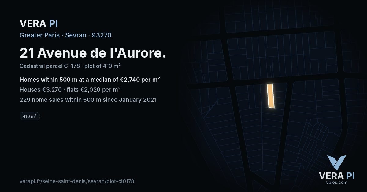 21 Avenue de l'Aurore, Sevran at night – the plot lit, the parcels around coloured by the prices near them