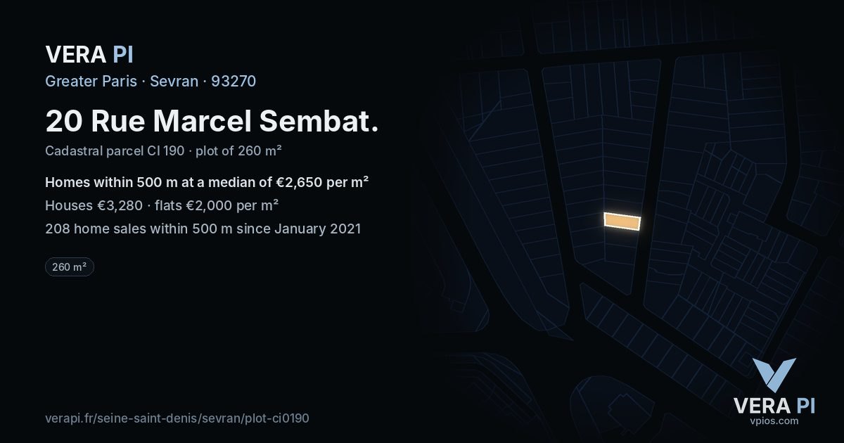 20 Rue Marcel Sembat, Sevran at night – the plot lit, the parcels around coloured by the prices near them
