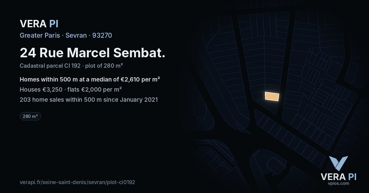 24 Rue Marcel Sembat, Sevran at night – the plot lit, the parcels around coloured by the prices near them