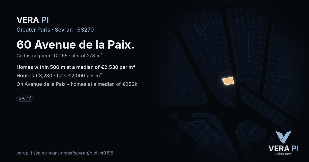60 Avenue de la Paix, Sevran at night – the plot lit, the parcels around coloured by the prices near them
