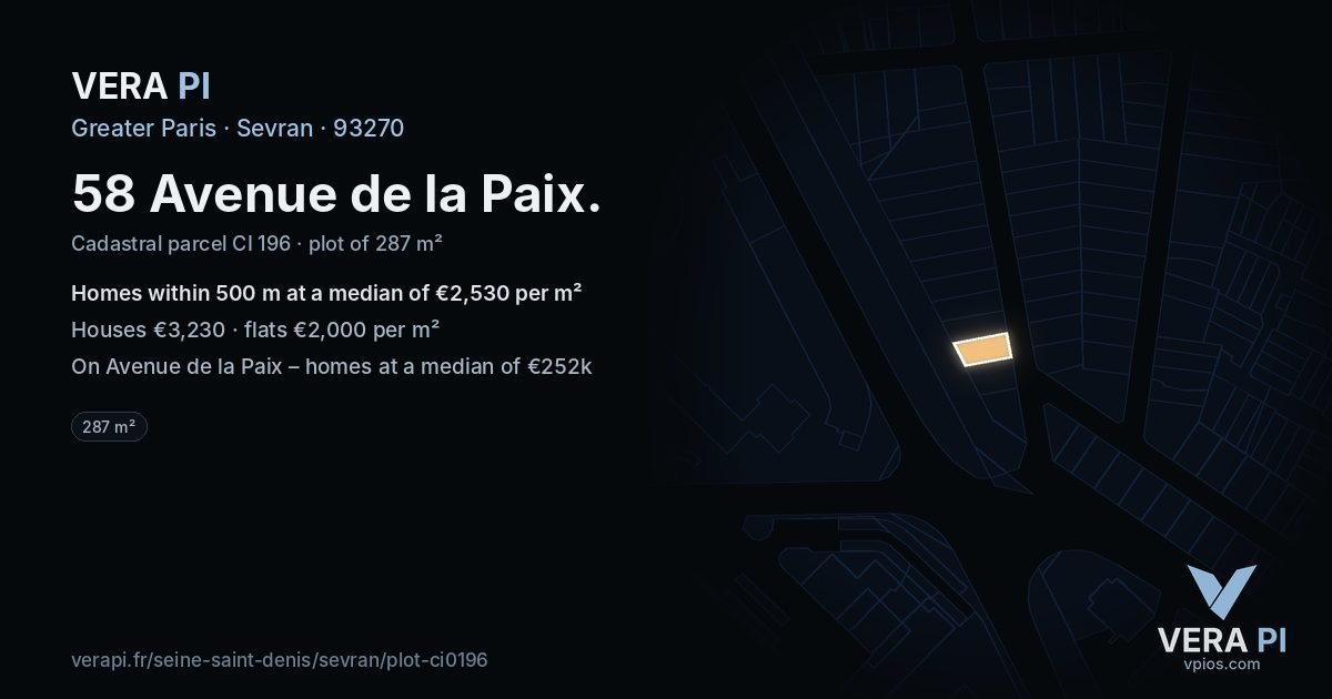 58 Avenue de la Paix, Sevran at night – the plot lit, the parcels around coloured by the prices near them