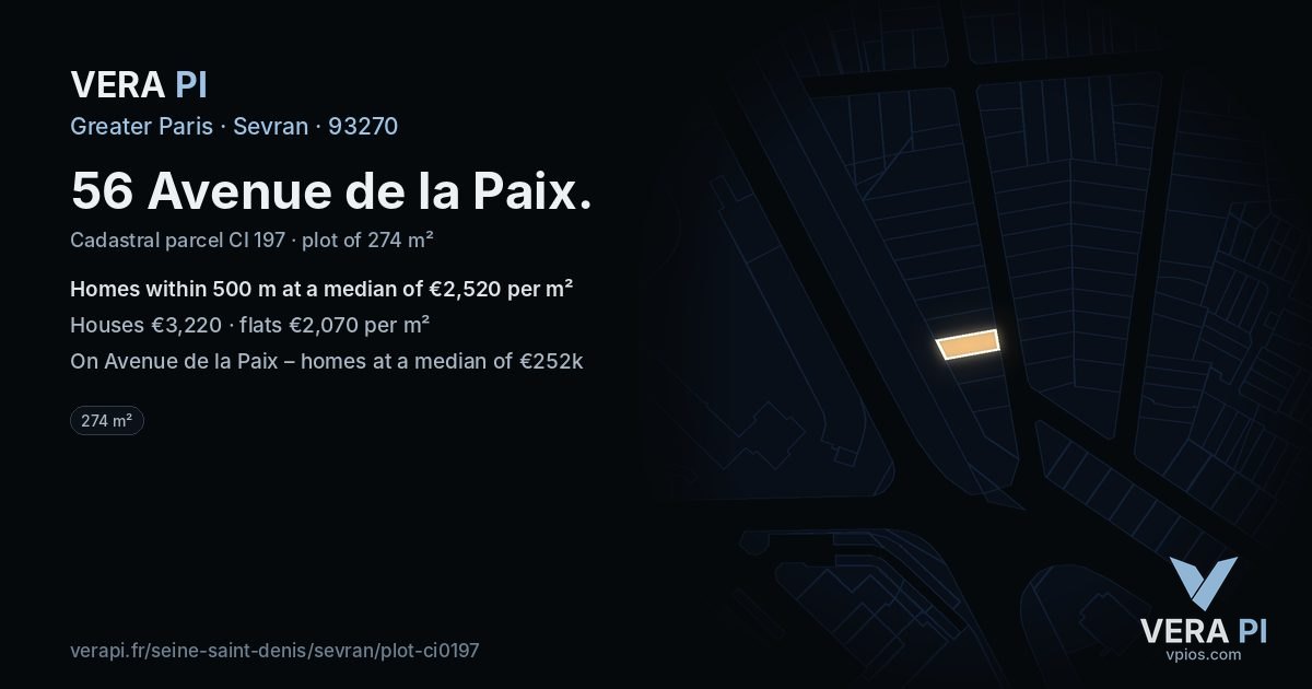 56 Avenue de la Paix, Sevran at night – the plot lit, the parcels around coloured by the prices near them