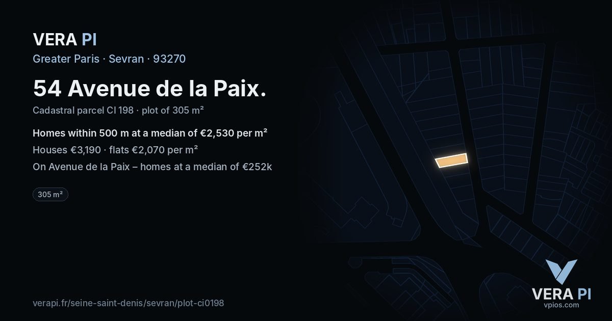 54 Avenue de la Paix, Sevran at night – the plot lit, the parcels around coloured by the prices near them