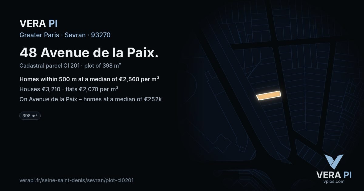 48 Avenue de la Paix, Sevran at night – the plot lit, the parcels around coloured by the prices near them