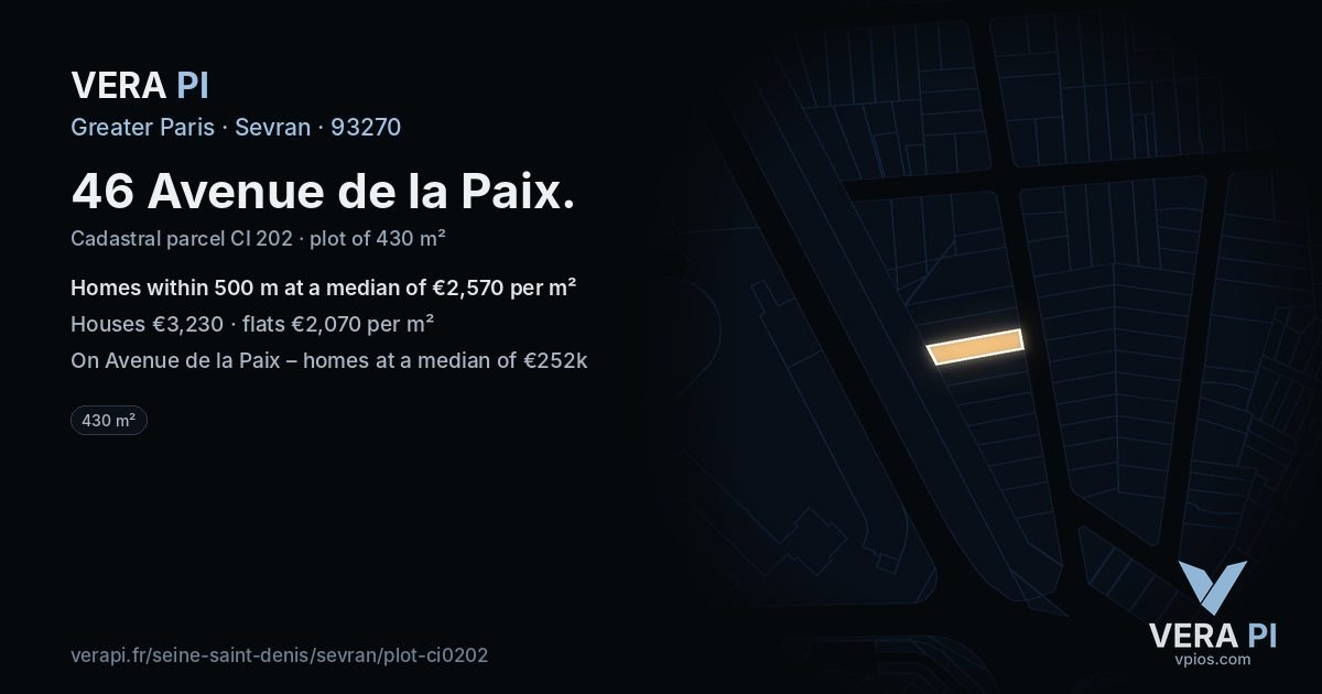46 Avenue de la Paix, Sevran at night – the plot lit, the parcels around coloured by the prices near them