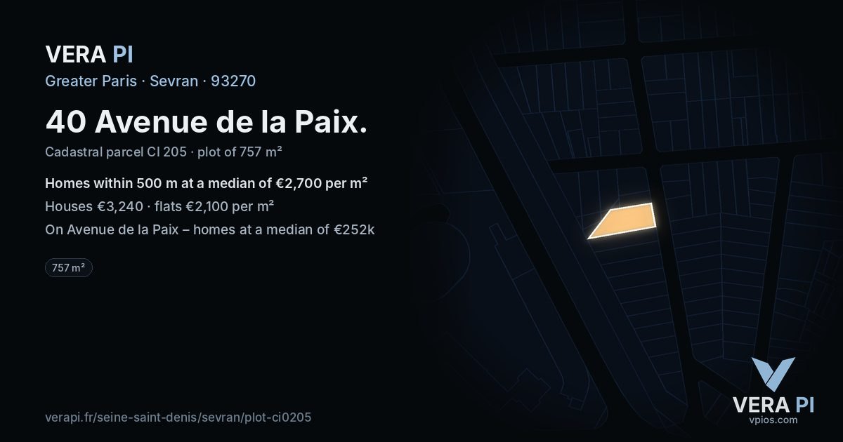 40 Avenue de la Paix, Sevran at night – the plot lit, the parcels around coloured by the prices near them