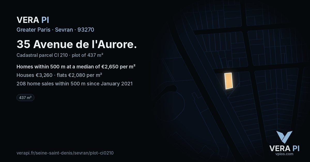 35 Avenue de l'Aurore, Sevran at night – the plot lit, the parcels around coloured by the prices near them