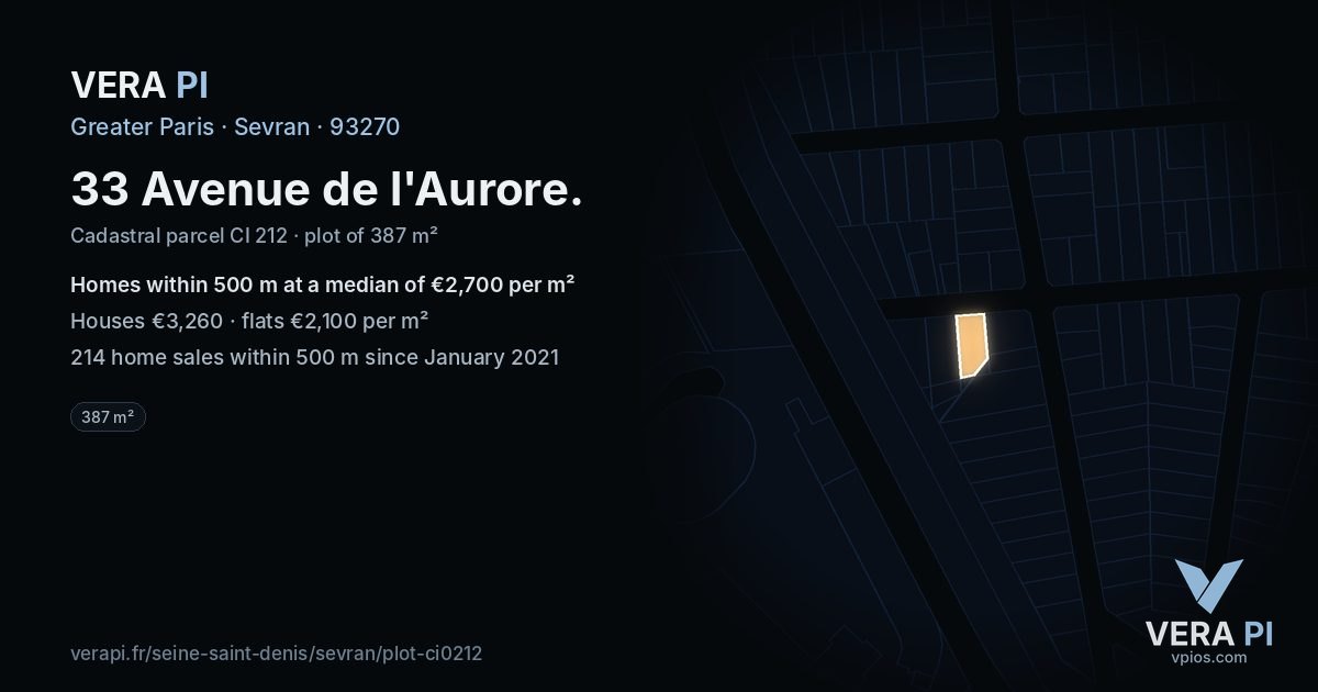 33 Avenue de l'Aurore, Sevran at night – the plot lit, the parcels around coloured by the prices near them