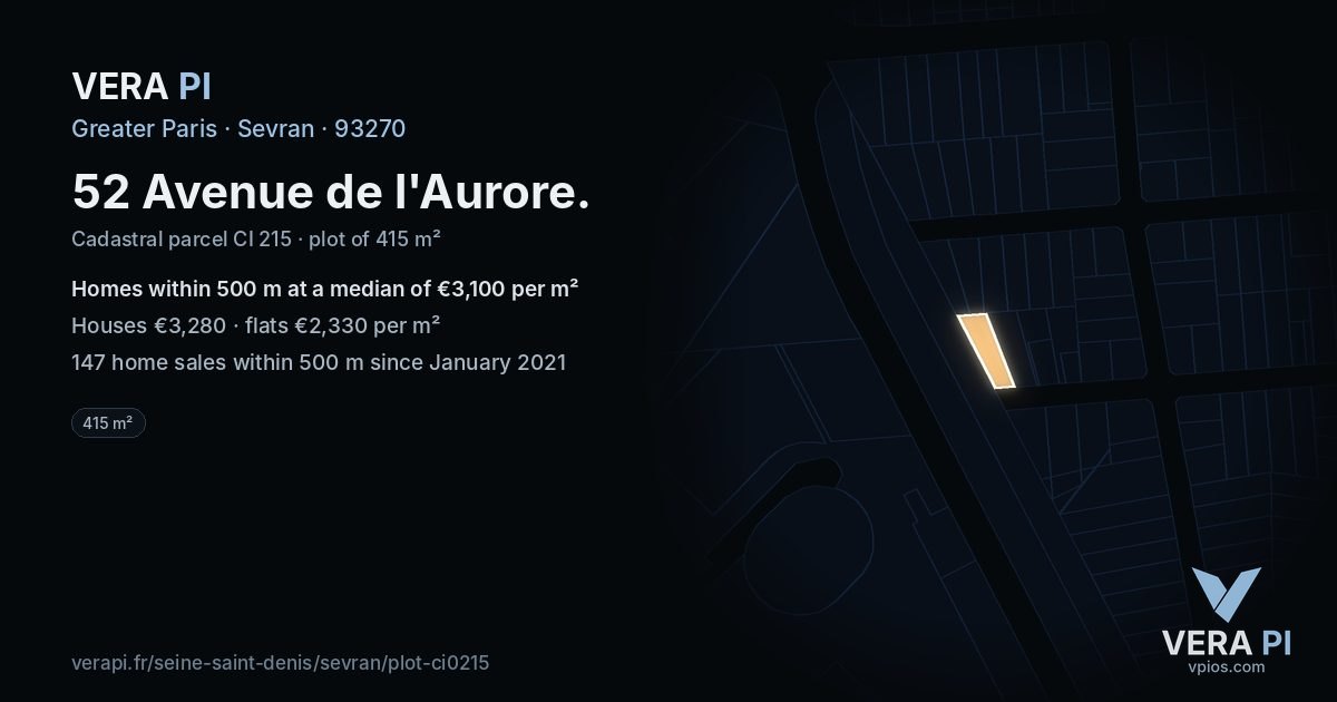 52 Avenue de l'Aurore, Sevran at night – the plot lit, the parcels around coloured by the prices near them