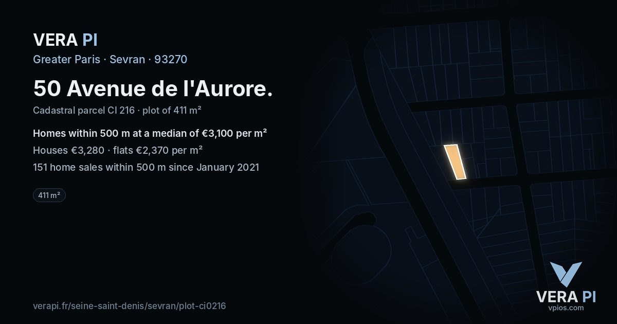 50 Avenue de l'Aurore, Sevran at night – the plot lit, the parcels around coloured by the prices near them