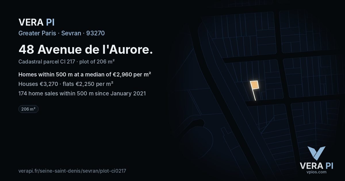 48 Avenue de l'Aurore, Sevran at night – the plot lit, the parcels around coloured by the prices near them