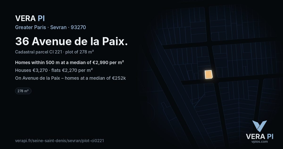 36 Avenue de la Paix, Sevran at night – the plot lit, the parcels around coloured by the prices near them