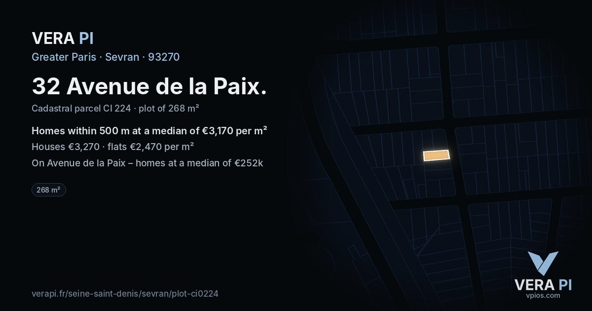 32 Avenue de la Paix, Sevran at night – the plot lit, the parcels around coloured by the prices near them