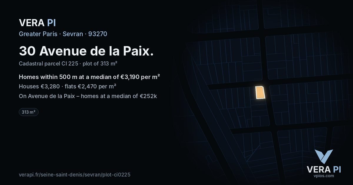30 Avenue de la Paix, Sevran at night – the plot lit, the parcels around coloured by the prices near them