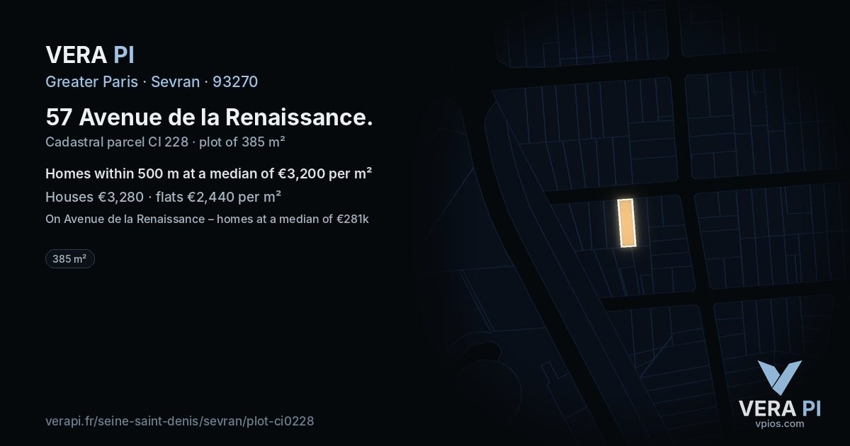 57 Avenue de la Renaissance, Sevran at night – the plot lit, the parcels around coloured by the prices near them