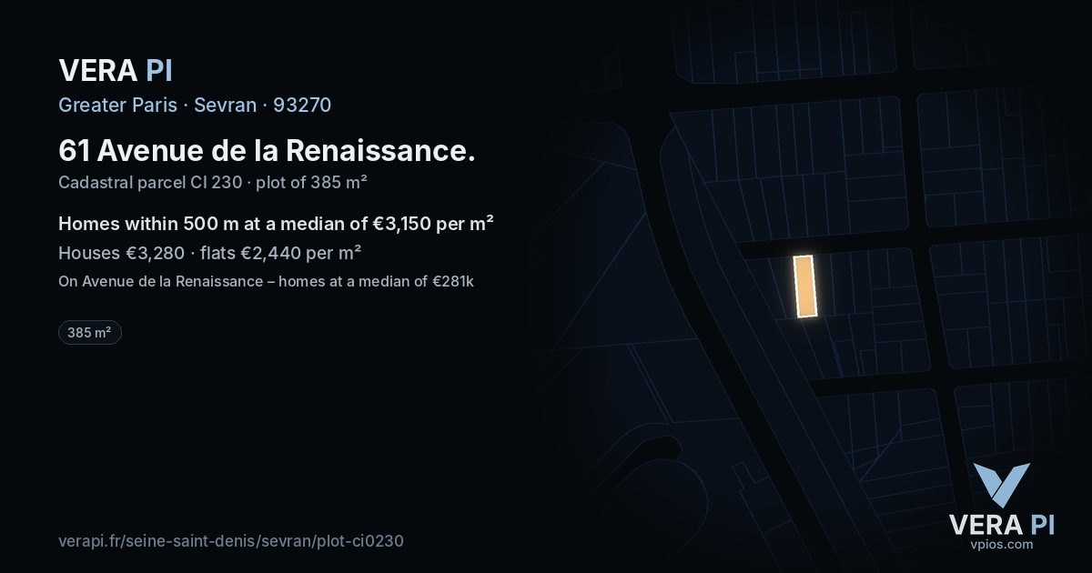 61 Avenue de la Renaissance, Sevran at night – the plot lit, the parcels around coloured by the prices near them