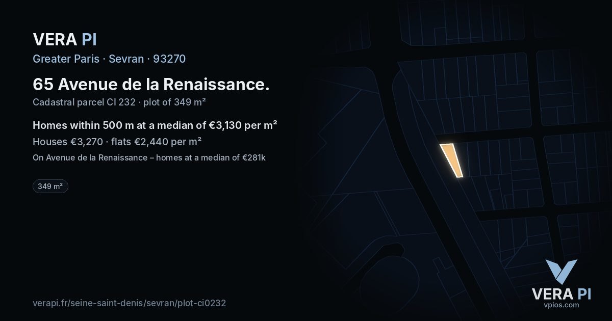 65 Avenue de la Renaissance, Sevran at night – the plot lit, the parcels around coloured by the prices near them