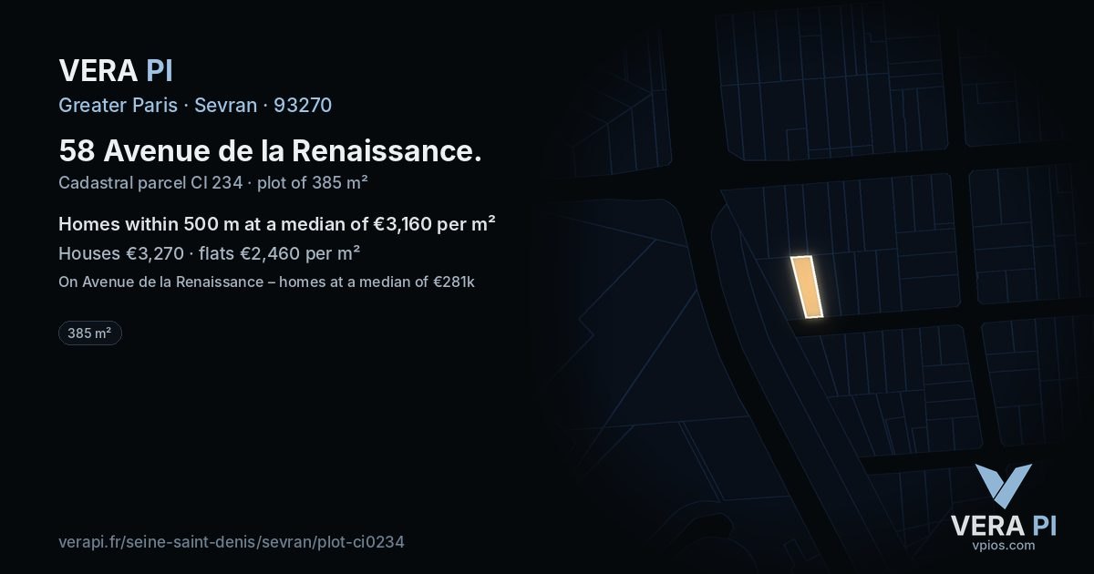 58 Avenue de la Renaissance, Sevran at night – the plot lit, the parcels around coloured by the prices near them