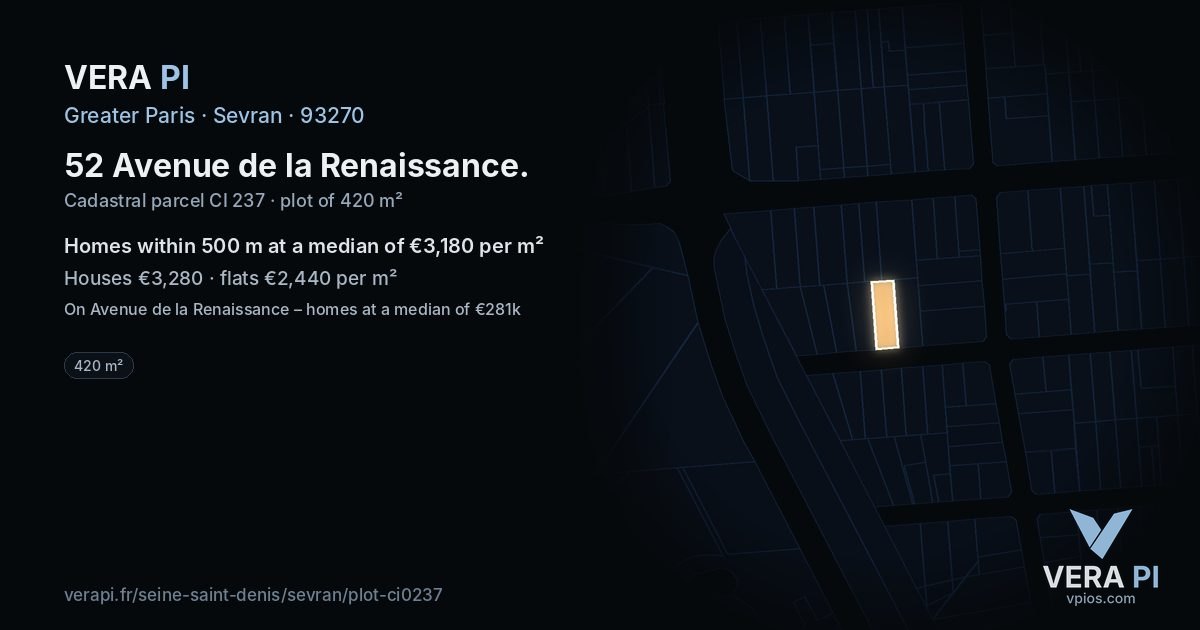 52 Avenue de la Renaissance, Sevran at night – the plot lit, the parcels around coloured by the prices near them