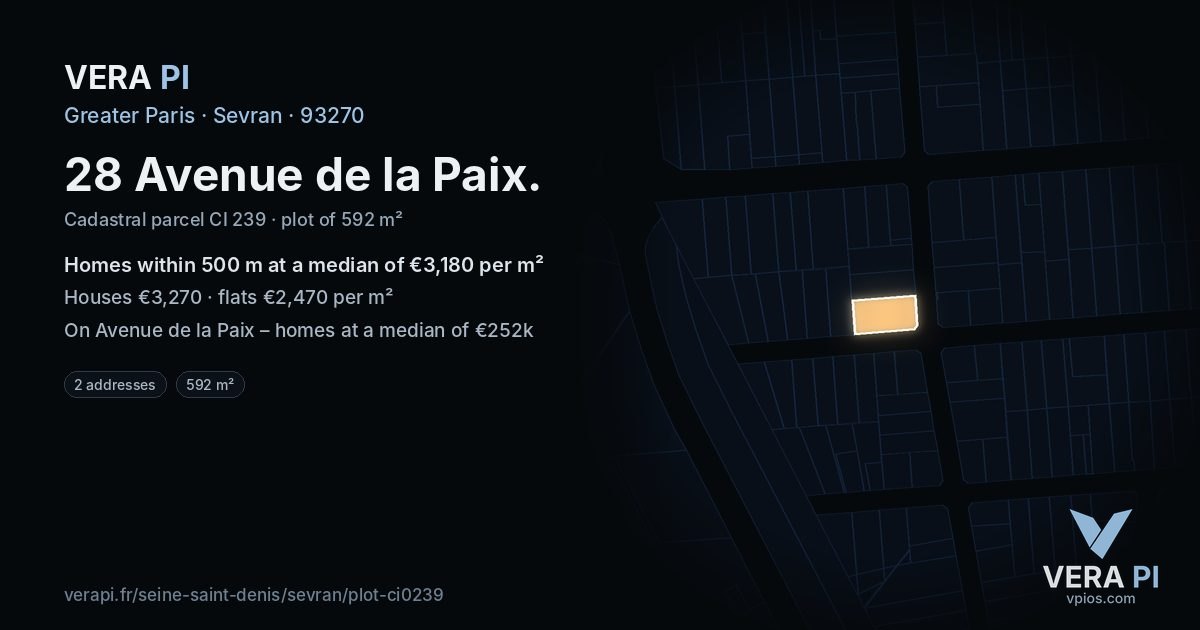 28 Avenue de la Paix, Sevran at night – the plot lit, the parcels around coloured by the prices near them