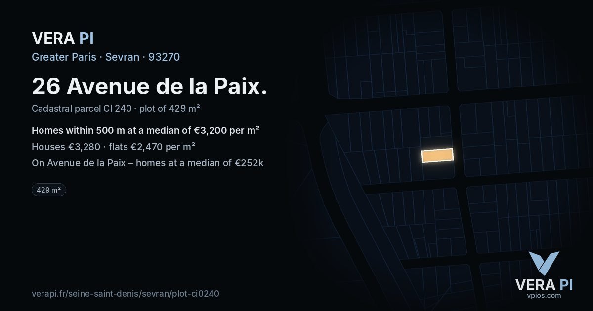 26 Avenue de la Paix, Sevran at night – the plot lit, the parcels around coloured by the prices near them