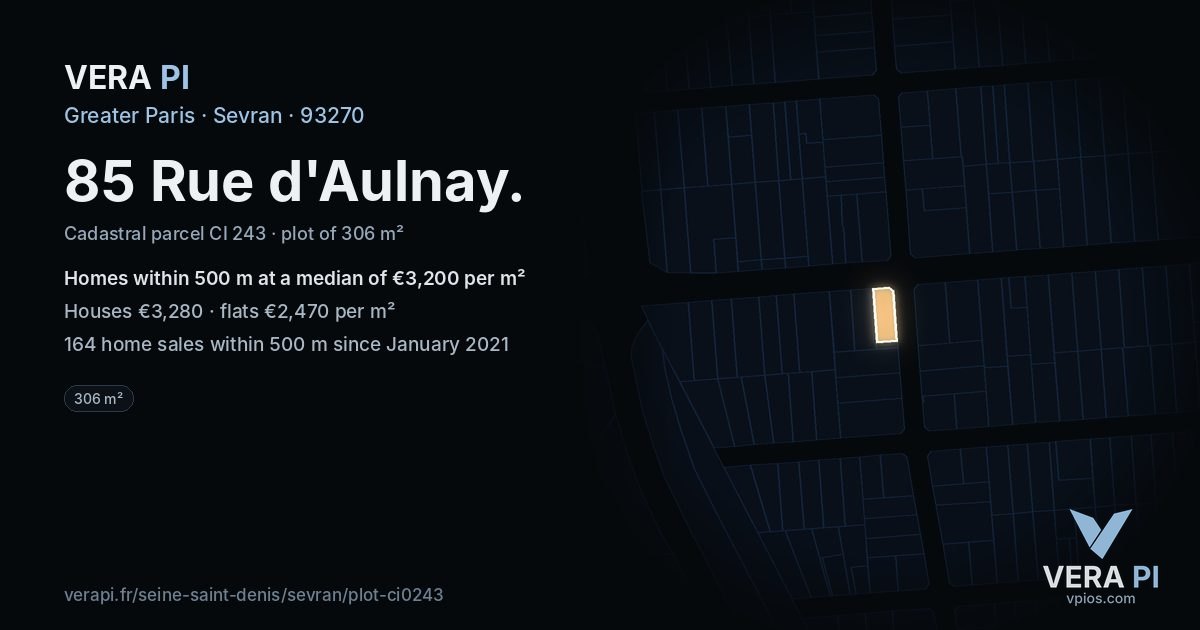 85 Rue d'Aulnay, Sevran at night – the plot lit, the parcels around coloured by the prices near them