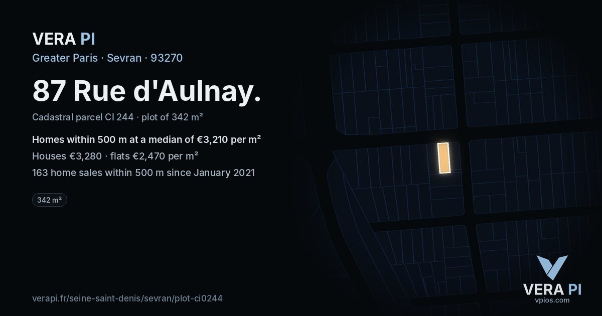 87 Rue d'Aulnay, Sevran at night – the plot lit, the parcels around coloured by the prices near them