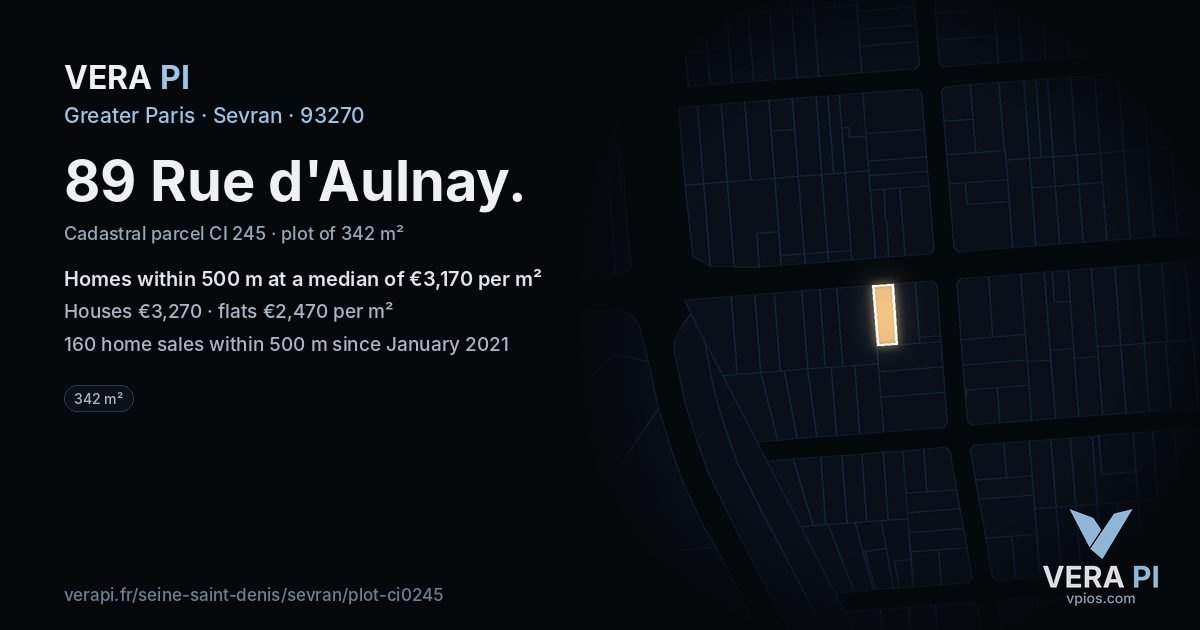 89 Rue d'Aulnay, Sevran at night – the plot lit, the parcels around coloured by the prices near them