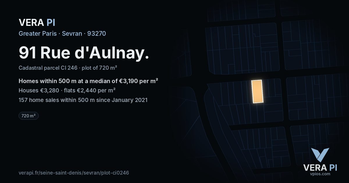 91 Rue d'Aulnay, Sevran at night – the plot lit, the parcels around coloured by the prices near them