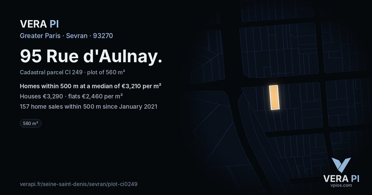 95 Rue d'Aulnay, Sevran at night – the plot lit, the parcels around coloured by the prices near them