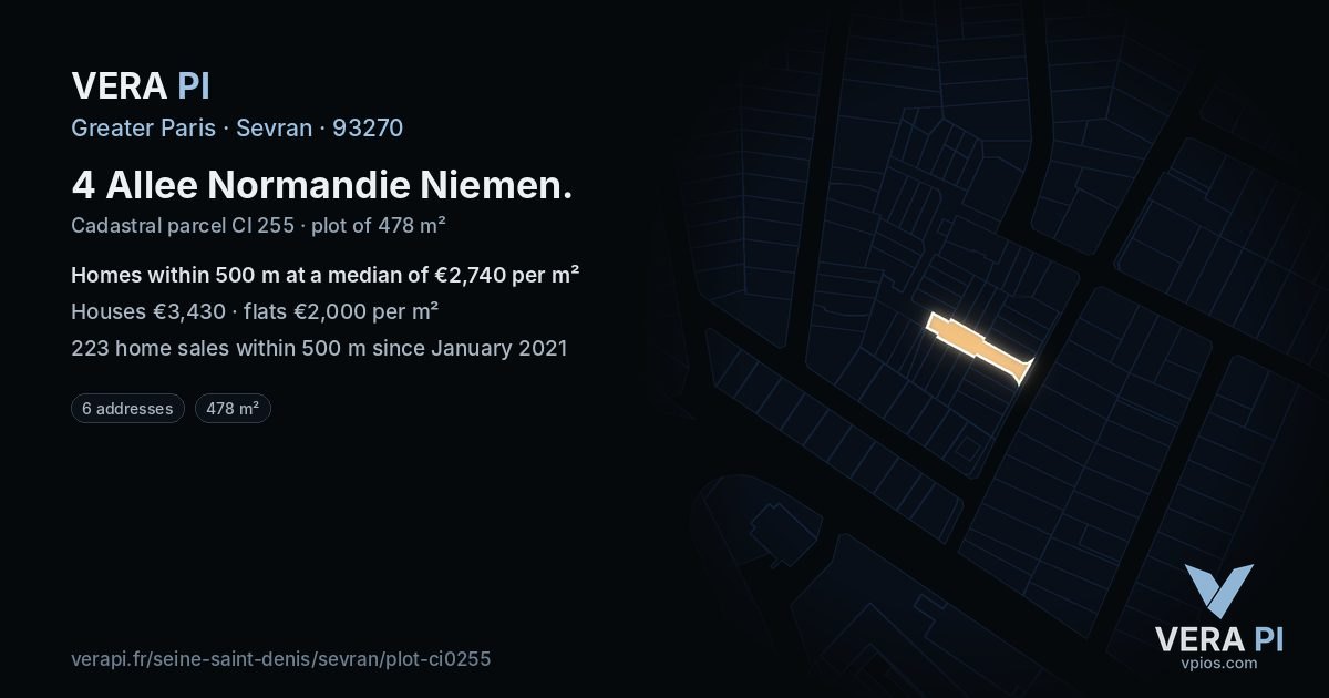 4 Allee Normandie Niemen, Sevran at night – the plot lit, the parcels around coloured by the prices near them