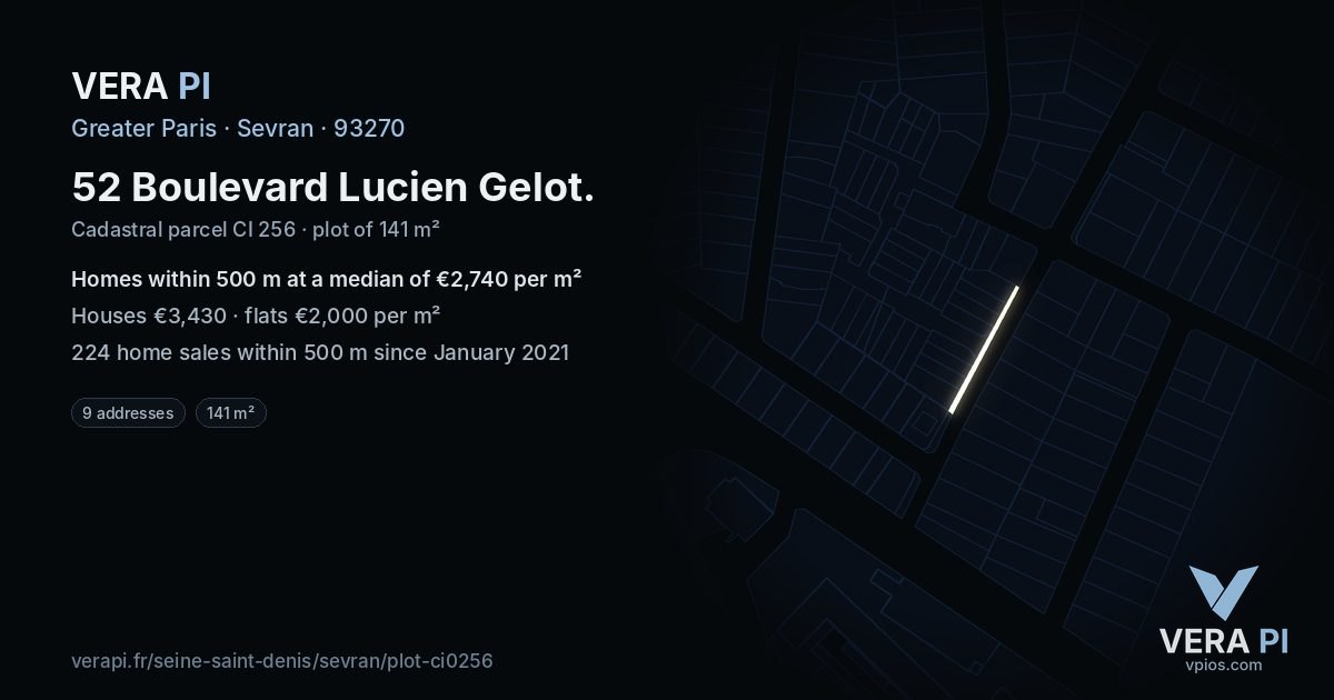 52 Boulevard Lucien Gelot, Sevran at night – the plot lit, the parcels around coloured by the prices near them