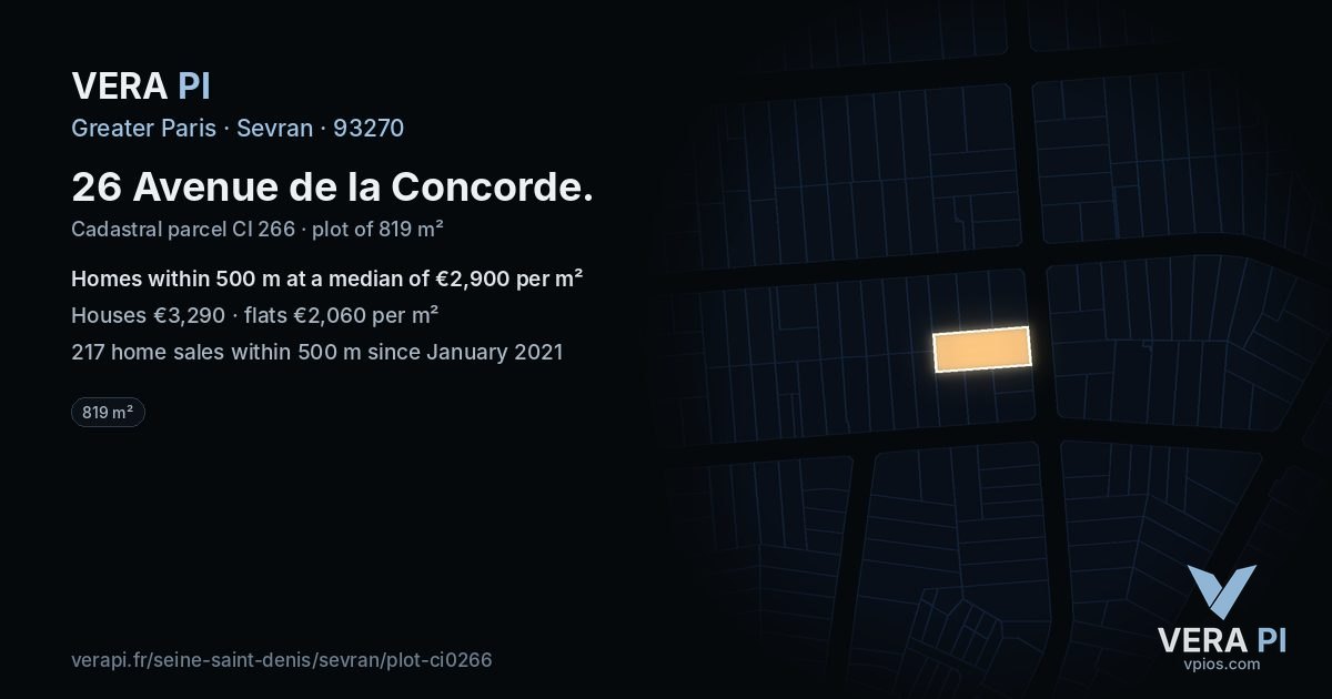26 Avenue de la Concorde, Sevran at night – the plot lit, the parcels around coloured by the prices near them