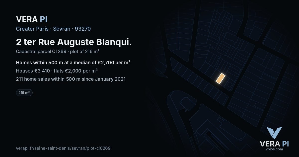 2 ter Rue Auguste Blanqui, Sevran at night – the plot lit, the parcels around coloured by the prices near them