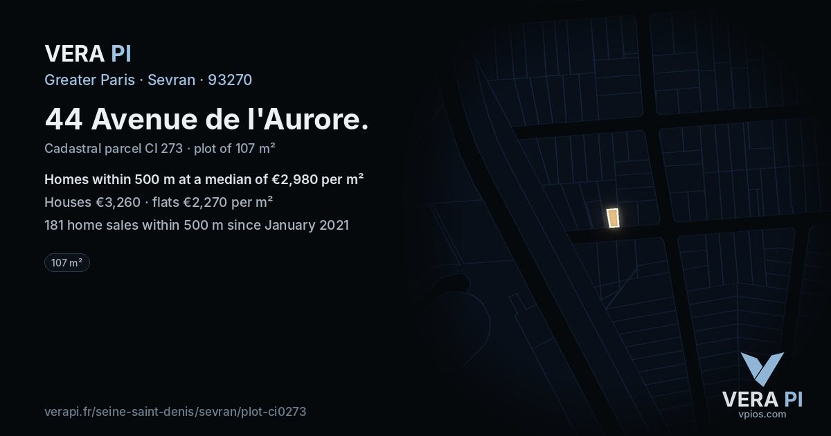 44 Avenue de l'Aurore, Sevran at night – the plot lit, the parcels around coloured by the prices near them