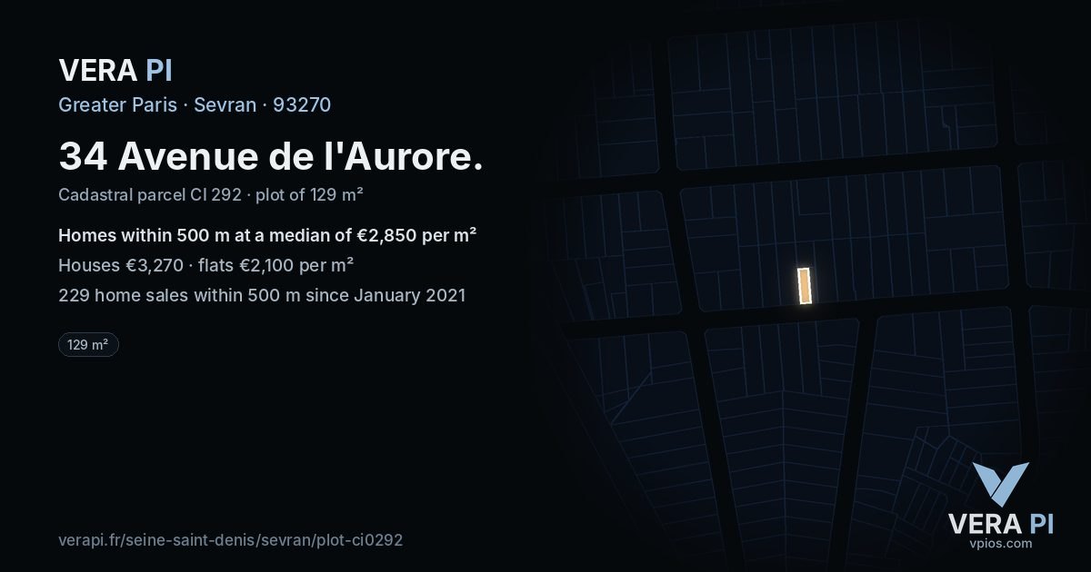 34 Avenue de l'Aurore, Sevran at night – the plot lit, the parcels around coloured by the prices near them