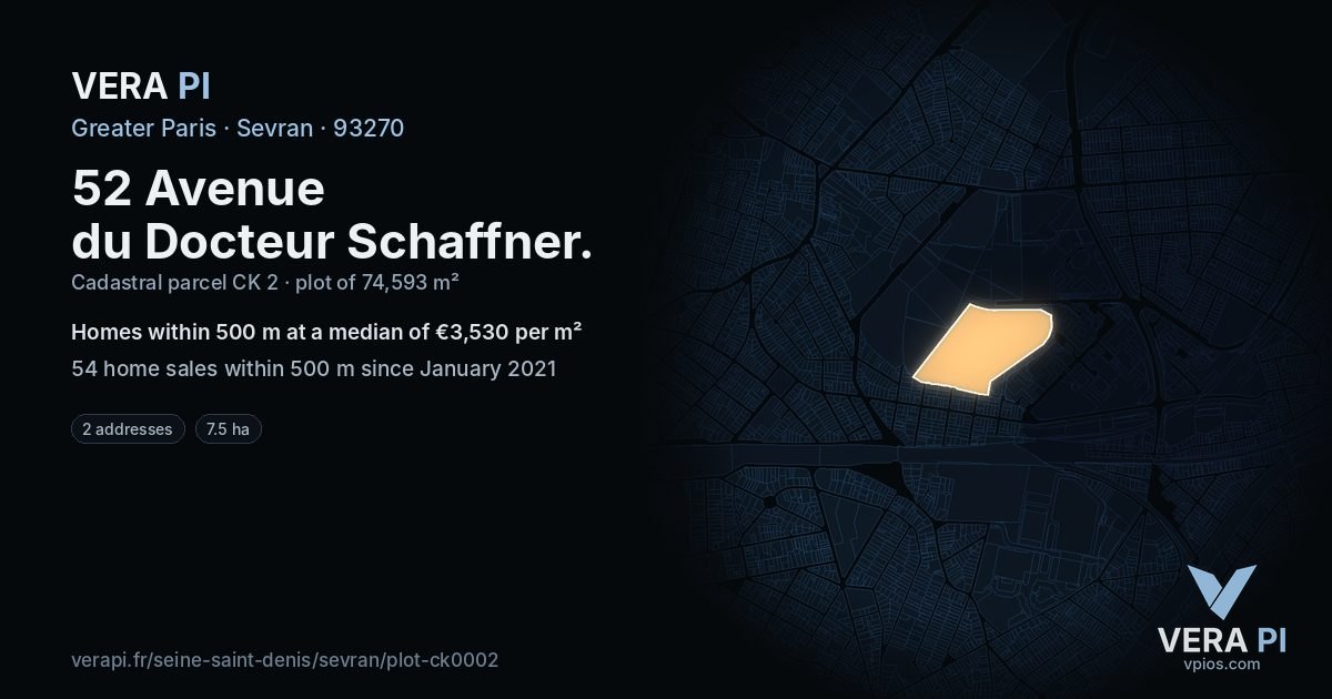 52 Avenue du Docteur Schaffner, Sevran at night – the plot lit, the parcels around coloured by the prices near them