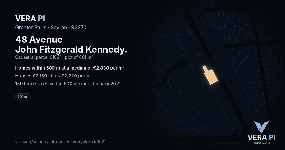 48 Avenue John Fitzgerald Kennedy, Sevran at night – the plot lit, the parcels around coloured by the prices near them