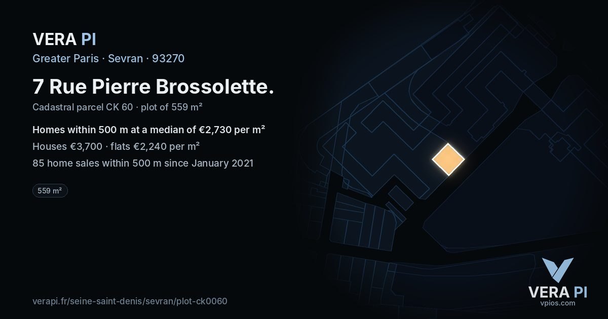 7 Rue Pierre Brossolette, Sevran at night – the plot lit, the parcels around coloured by the prices near them